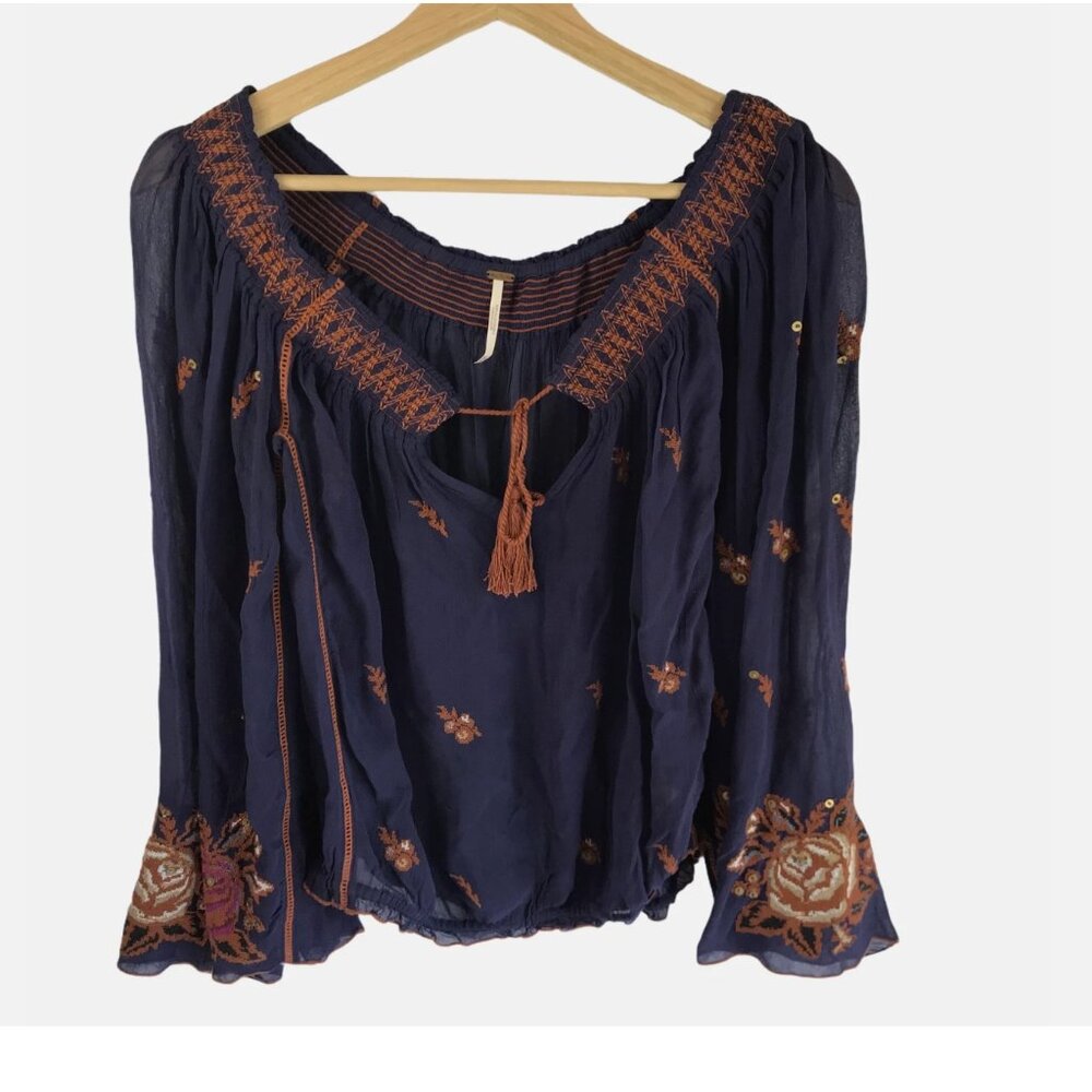 Free People Blouse Shirt Bohemian Women's Medium Dark Blue Orange Floral